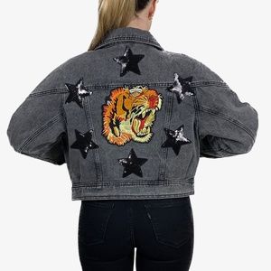 Handmade Grey Denim Bomber Jacket With Appliqués